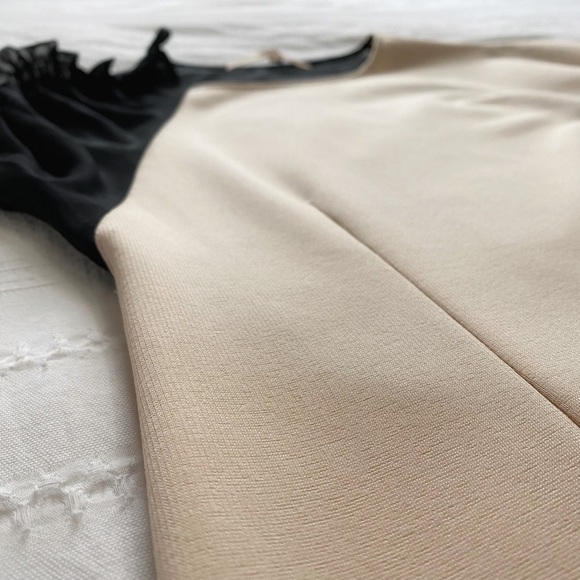 BABYLON COLLECTION CREAM BLACK CINCHED RUFFLE SHEER MESH MIDI FORMAL DRESS - L - Picture 8 of 10